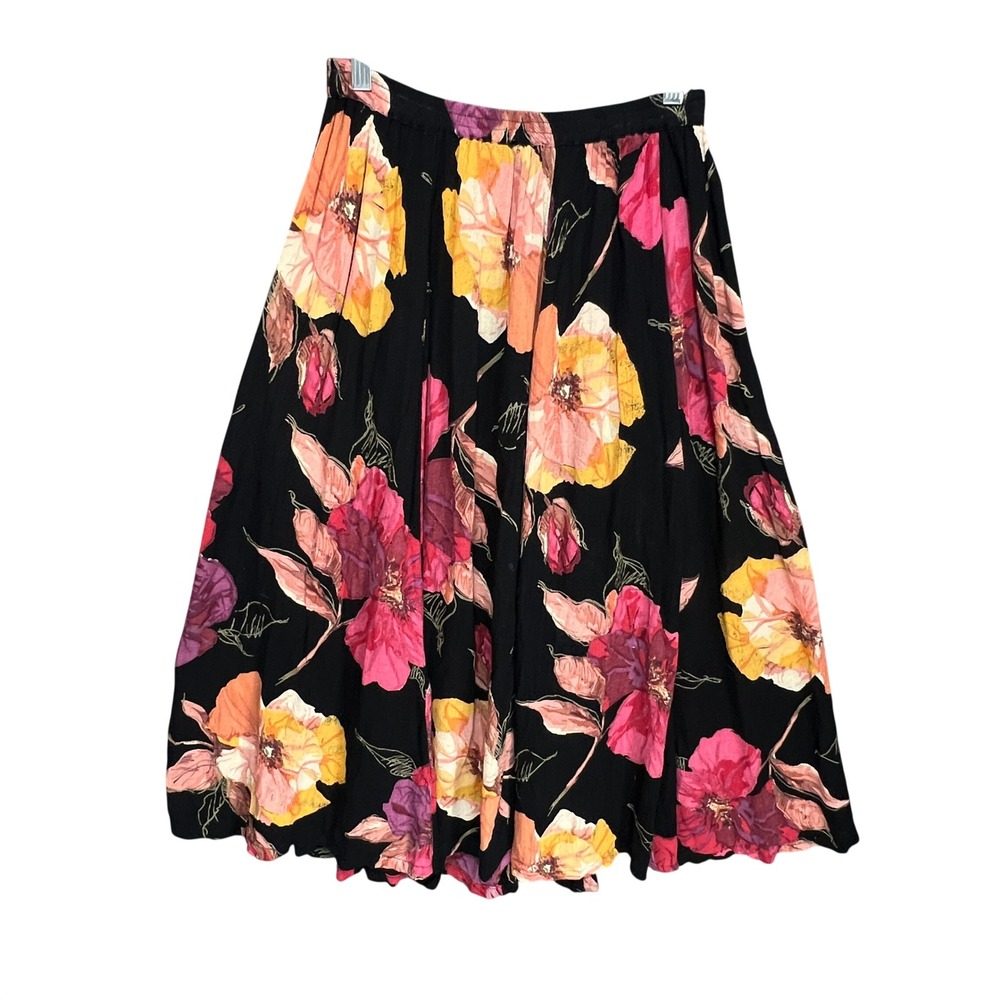 90s Floral Midi Skirt Black Pink Orange Gauze Womens‎ Sz M Cottage Witchy Boho